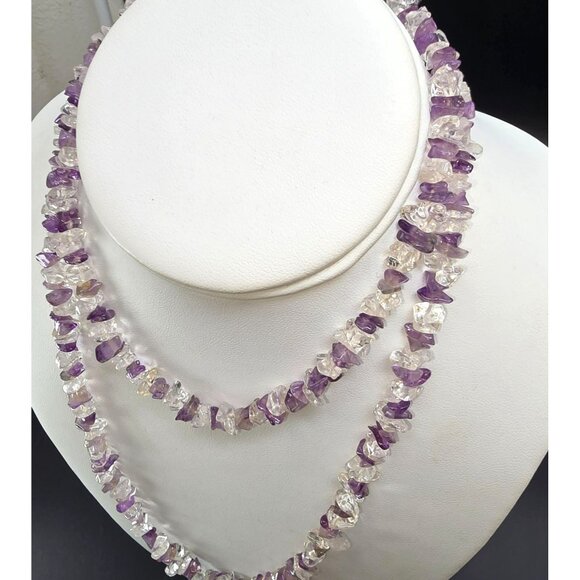 Amethyst & Clear Quartz Chip Bead Necklace Double Strand 24" HS188 - Picture 4 of 8